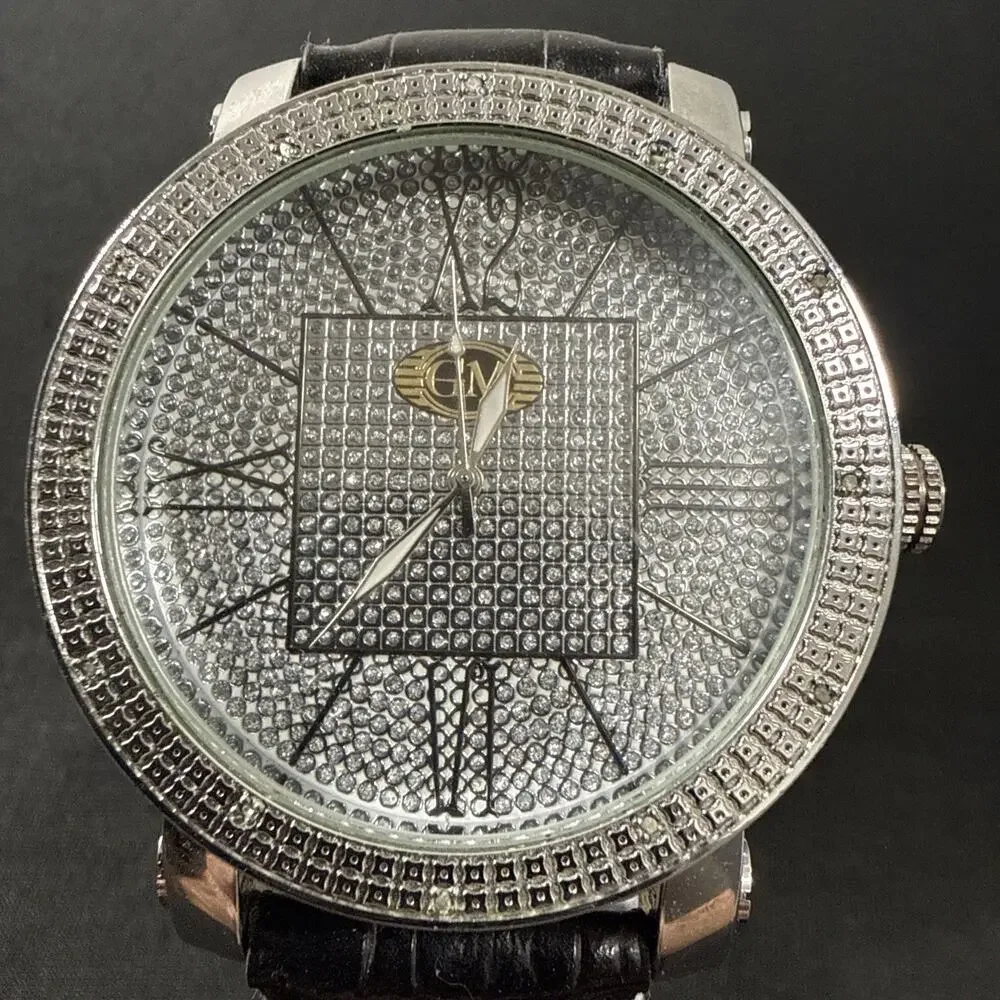 Grand Master Men’s Dmd Watch Silver Tone Iced Out Blk Leather New Battery (B8)